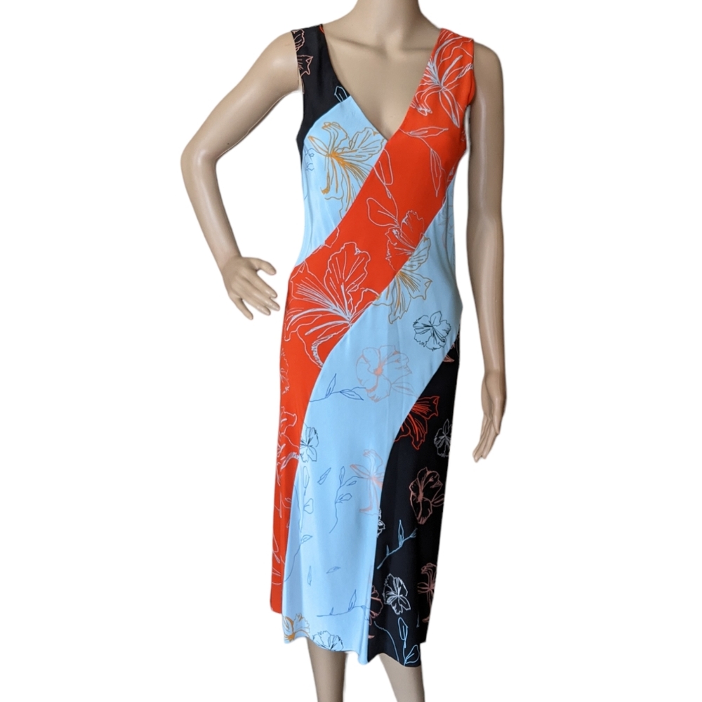 Diane Von Furstenberg Blue + Orange + Black Floral Midi Dress
